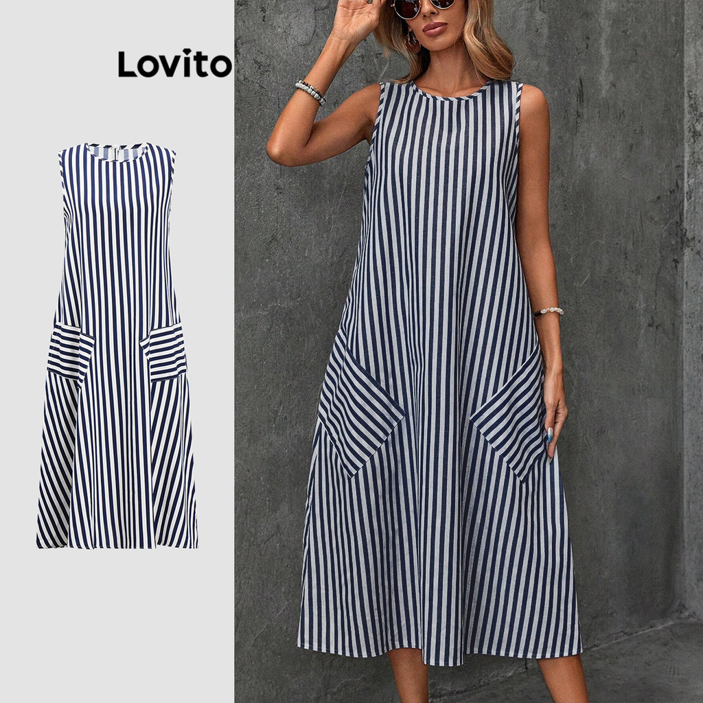 (Trendy) Lovito Vestido Casual Vestido Listrado Com Bolso Para Mulheres LBL18851
