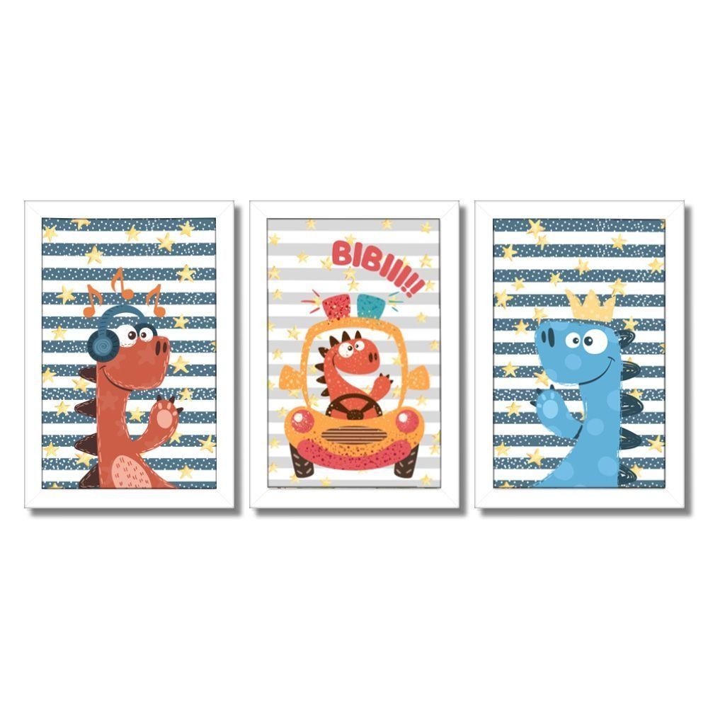 Kit Quadros Infantil Dinossauro Kids 20x30 3 Peças Titulo Moldura Branca