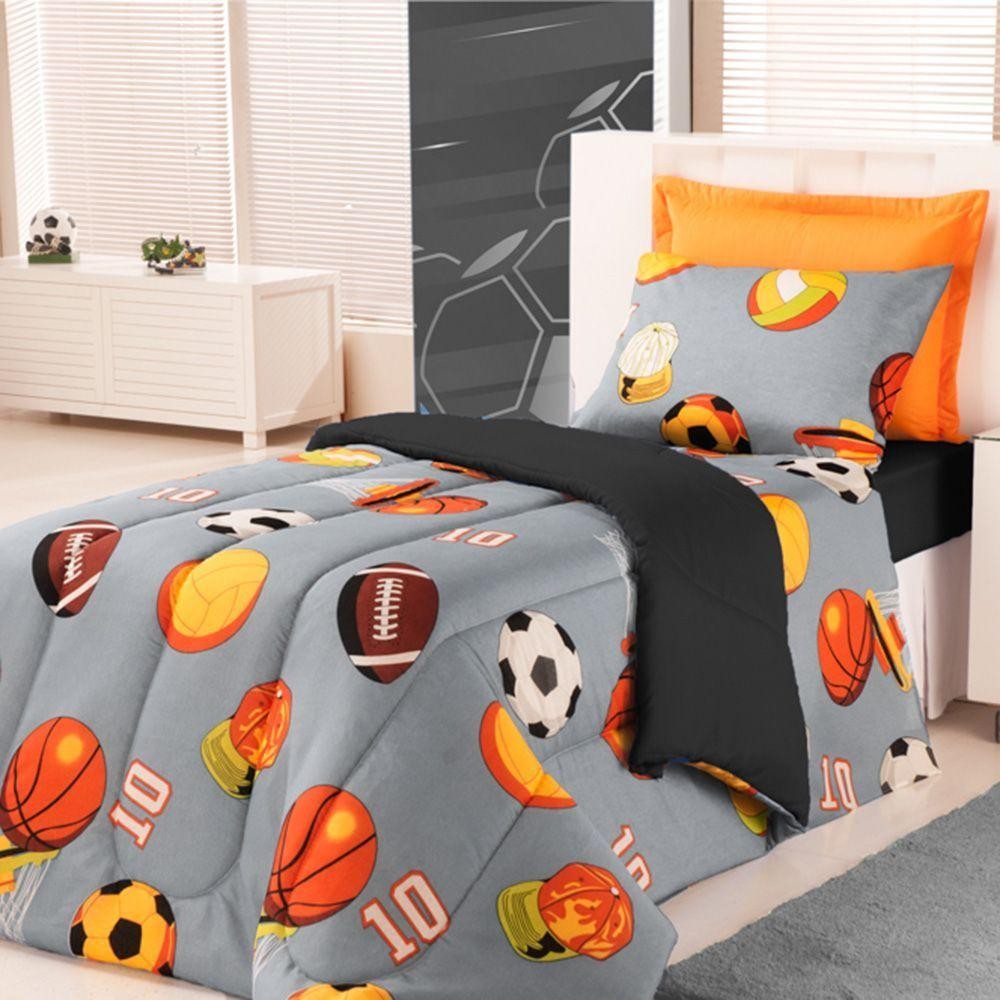 Coberdrom Edredom Solteiro Alegria Dupla Face Futebol- Cáqui - Home & Living