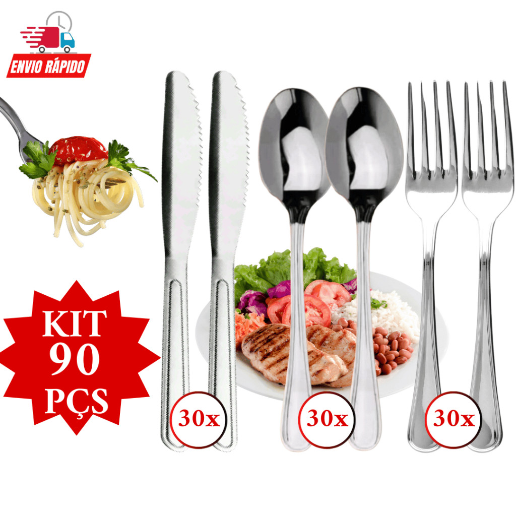 Kit Jogo 90 Peças Talher para Churrasco em Inox Garfo Faca  Colher para Cozinha Restaurantes Bares Promoção