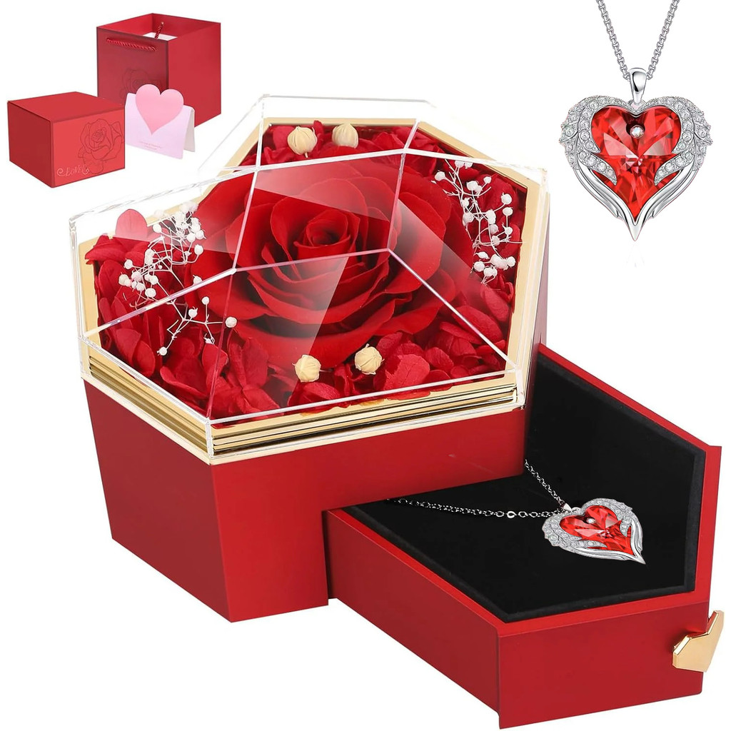 Presente de Páscoa para Mulher Colar Coração do Oceano com Caixa de Rosa Eterna