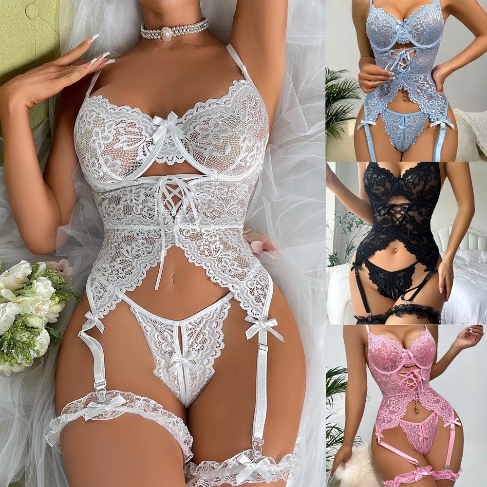 Novo Estilo Europeu Americano Lingerie Sexy Sutiã Fino Com Pernas Conjunto Renda Anel De Aço Costura Perspectiva