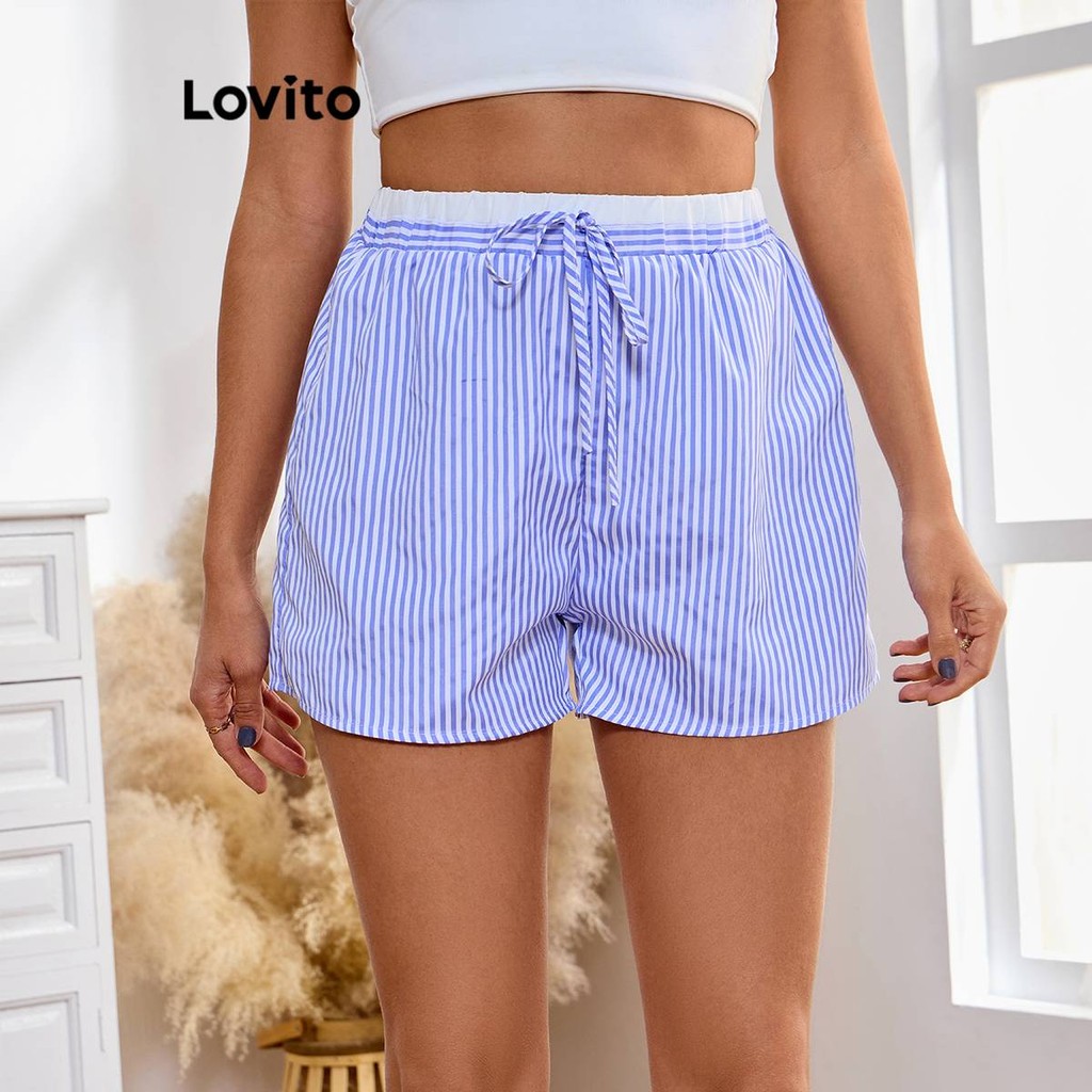 Detalhes do (Trendy) Lovito Shorts Casuais Com Costura De Tecido Listrado Para Mulheres LBL19096
