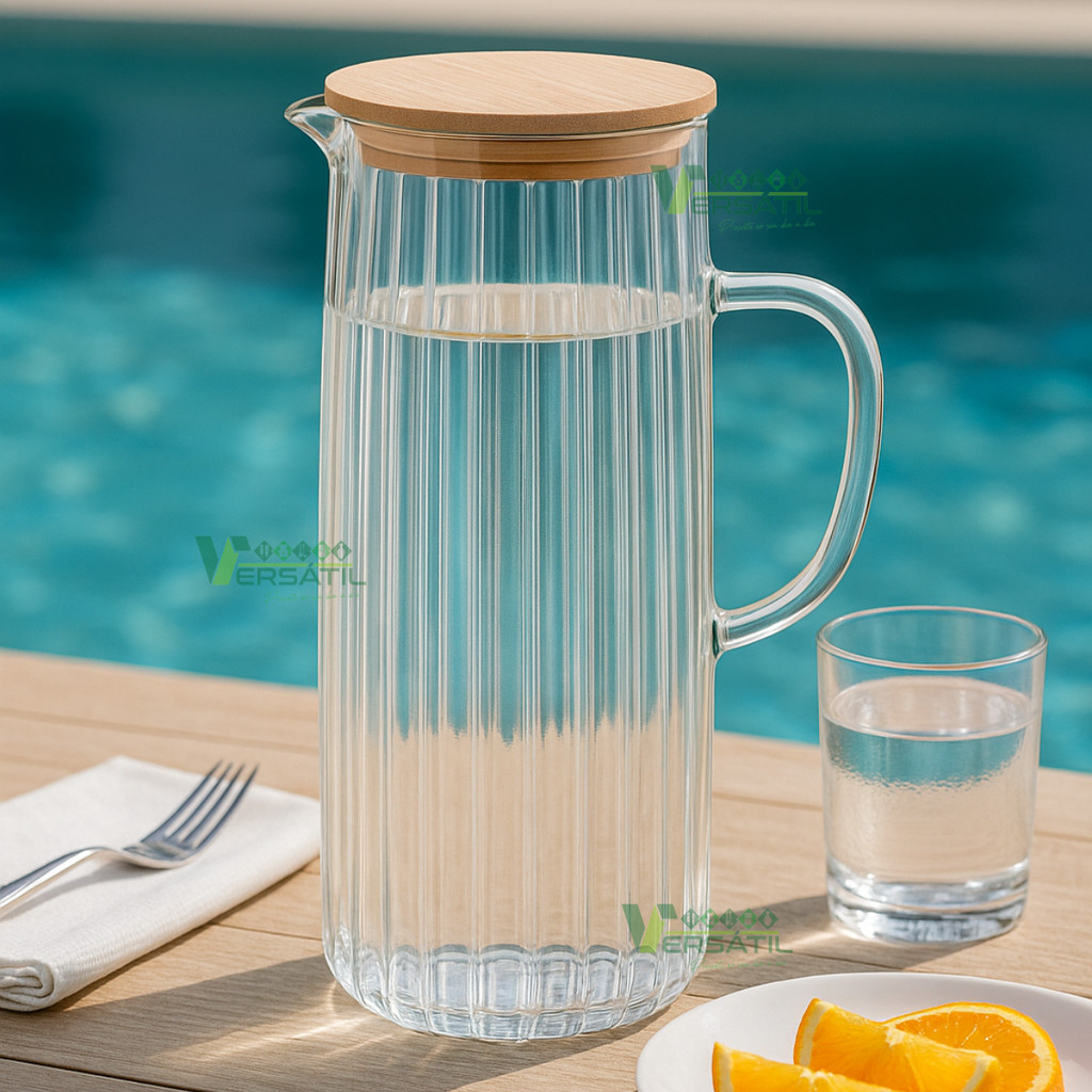 Jarra Jarro Garrafa de Vidro Água Suco com Tampa de Bambu e Alça 1,1L Wolff