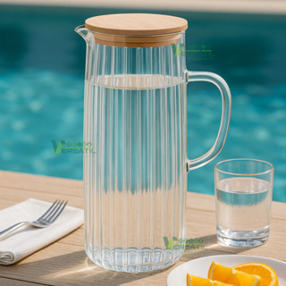 Jarra Jarro Garrafa de Vidro Água Suco com Tampa de Bambu e Alça 1,1L Wolff