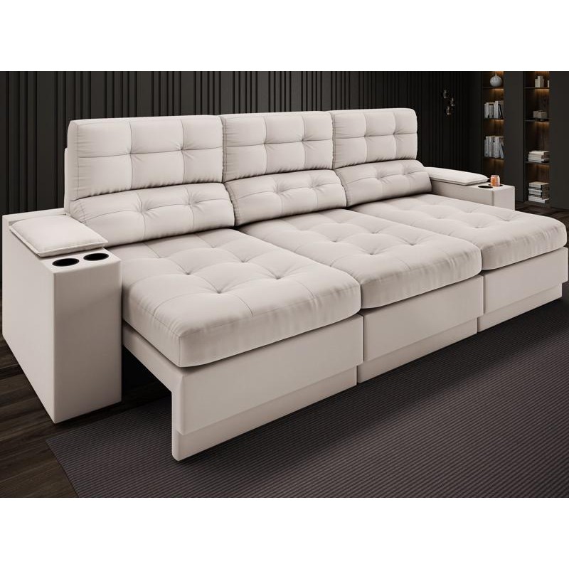 Sofá com Porta Copos e Carregador USB Eureka 2,30m Assento Retrátil e Reclinável Velosuede Areia - NETSOFAS