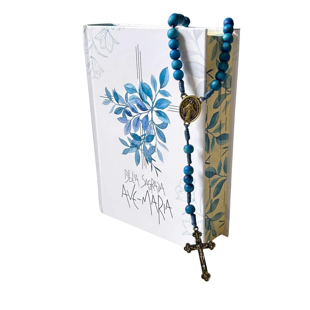 Kit Bíblia Católica e Terço Nossa Senhora das Graças Sagrada Ave-Maria Capa Flores Cristão Crucifixo