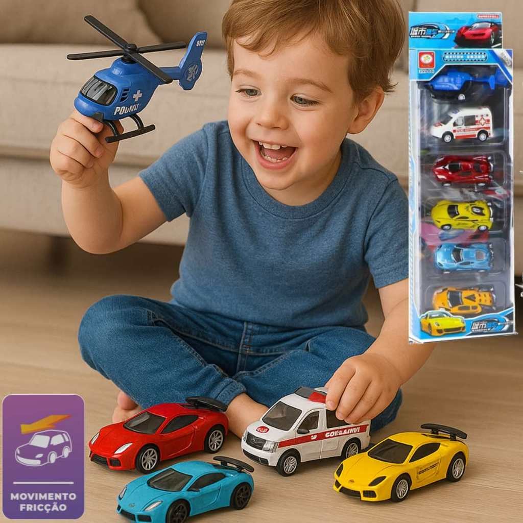 OFERTA Kit com 5 Carrinhos 1 Helicóptero de Brinquedo à Fricção Veículos Infantis Diversos Dty 0425