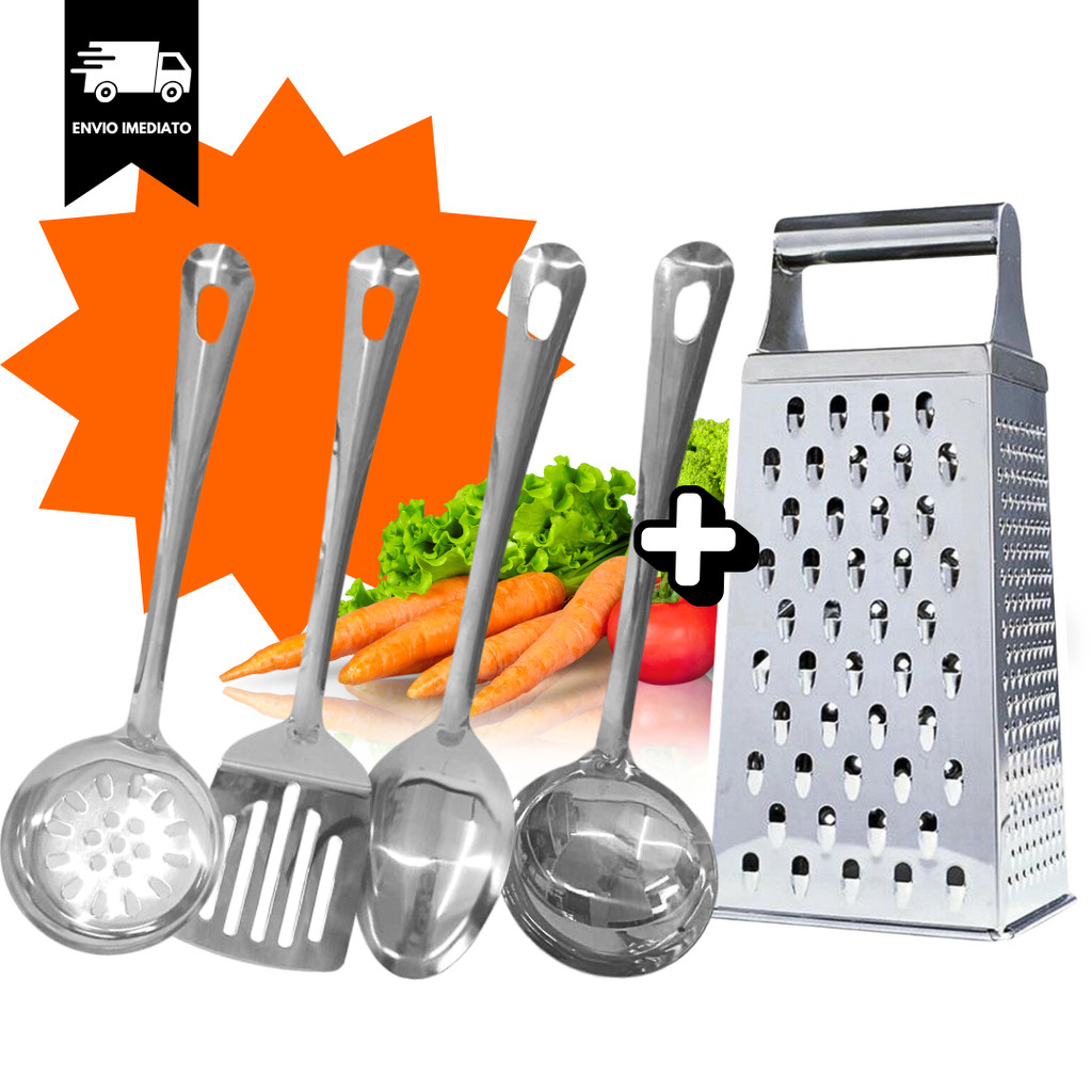 Escumadeira Colher de Arroz + Ralador INOX+ Espatula Concha Kit Utilidades INOX