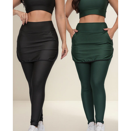 Kit Leg Legging Saia Fitness Feminina Longa Com Bolsos-2 Uni