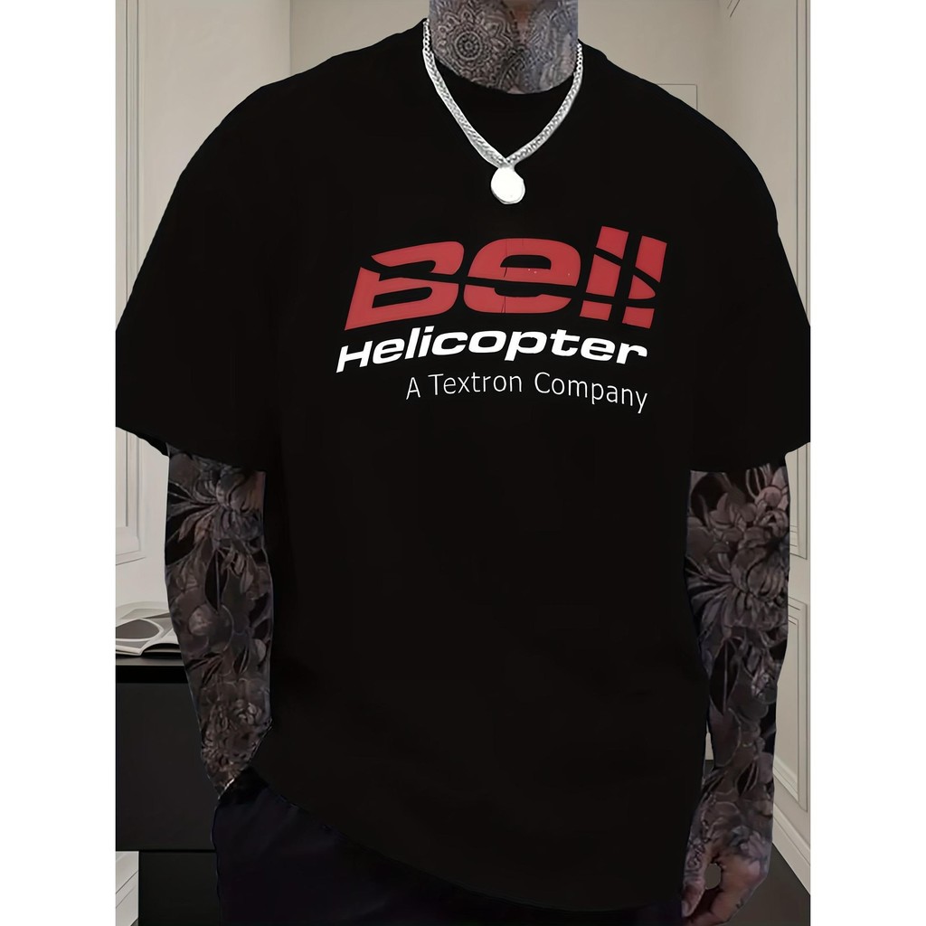Camiseta masculina Casual de verão - estampa de helicóptero grosso preto vermelho branco gola redonda estilo Regular con