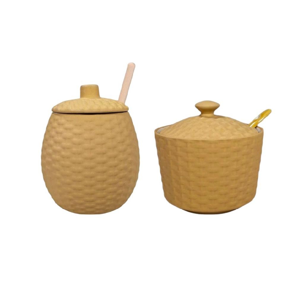 Conjunto Meleira 420ml Açucareiro 290ml Bege Porta Açúcar Pote De Mel Retro Minimalista