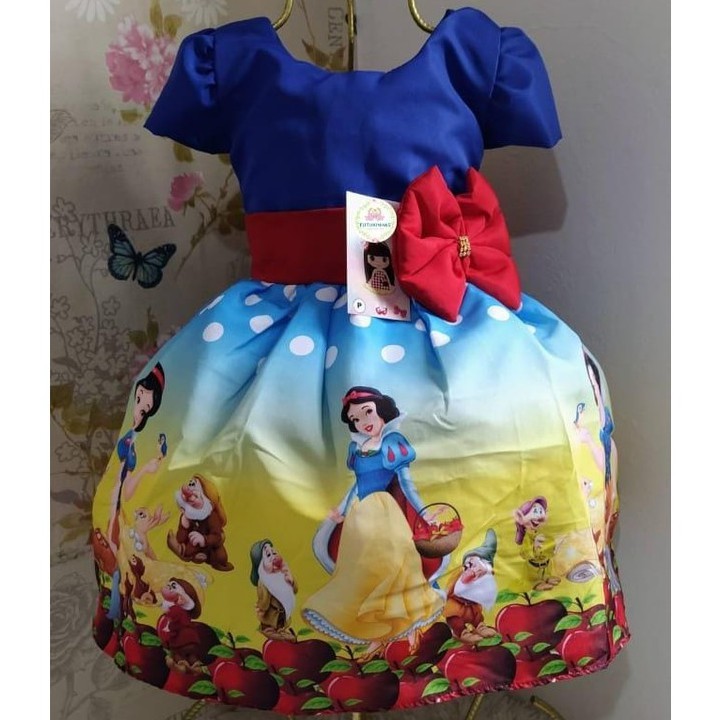 Vestido Luxo Temático  Com Saiote Tule Rodado Bem Armado Para Festa Infantil Tema Branca De Neve Princesas Disney