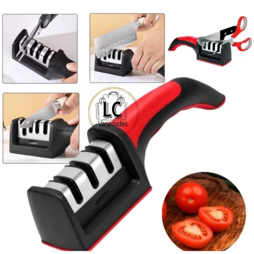 Amolador afiador de facas em aço inox com 3 afiadores em Oferta na Shopee
