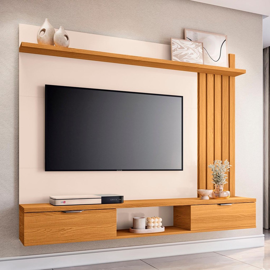 Painel TV 55 Pol 160cm Bancada Suspensa Lets Cinamomo/Off - HB Móveis em Oferta na Shopee