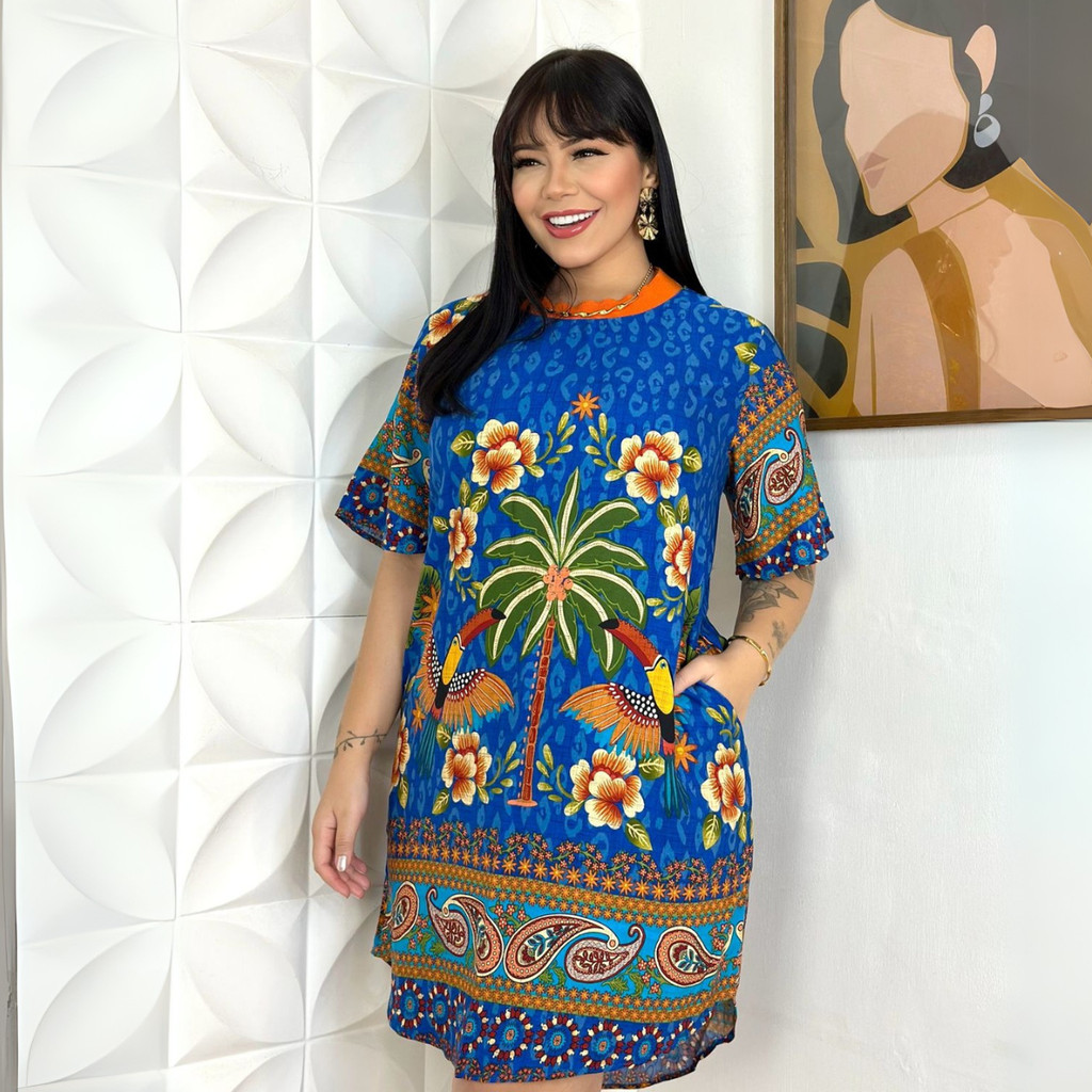 Vestido Feminino T-Shirt com Manga Estampas Tropicais