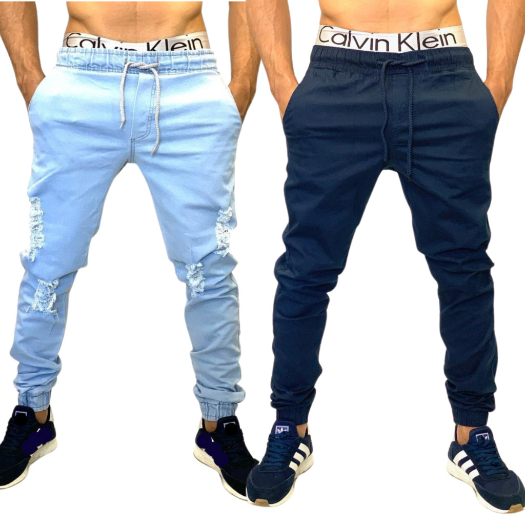 Calças Jogger Masculina Kit 2 Jeans e Sarja Com Elastico nos Punho e cordão de ajuste em Oferta na Shopee
