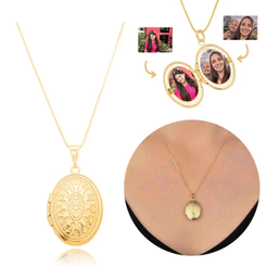 Colar com 2 Fotos Relicário oval arabesco ouro 18k banhado