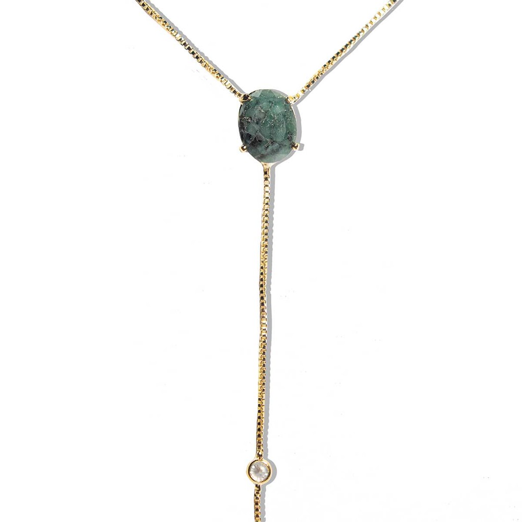 Colar Gravata Pedra Esmeralda Natural Dourado