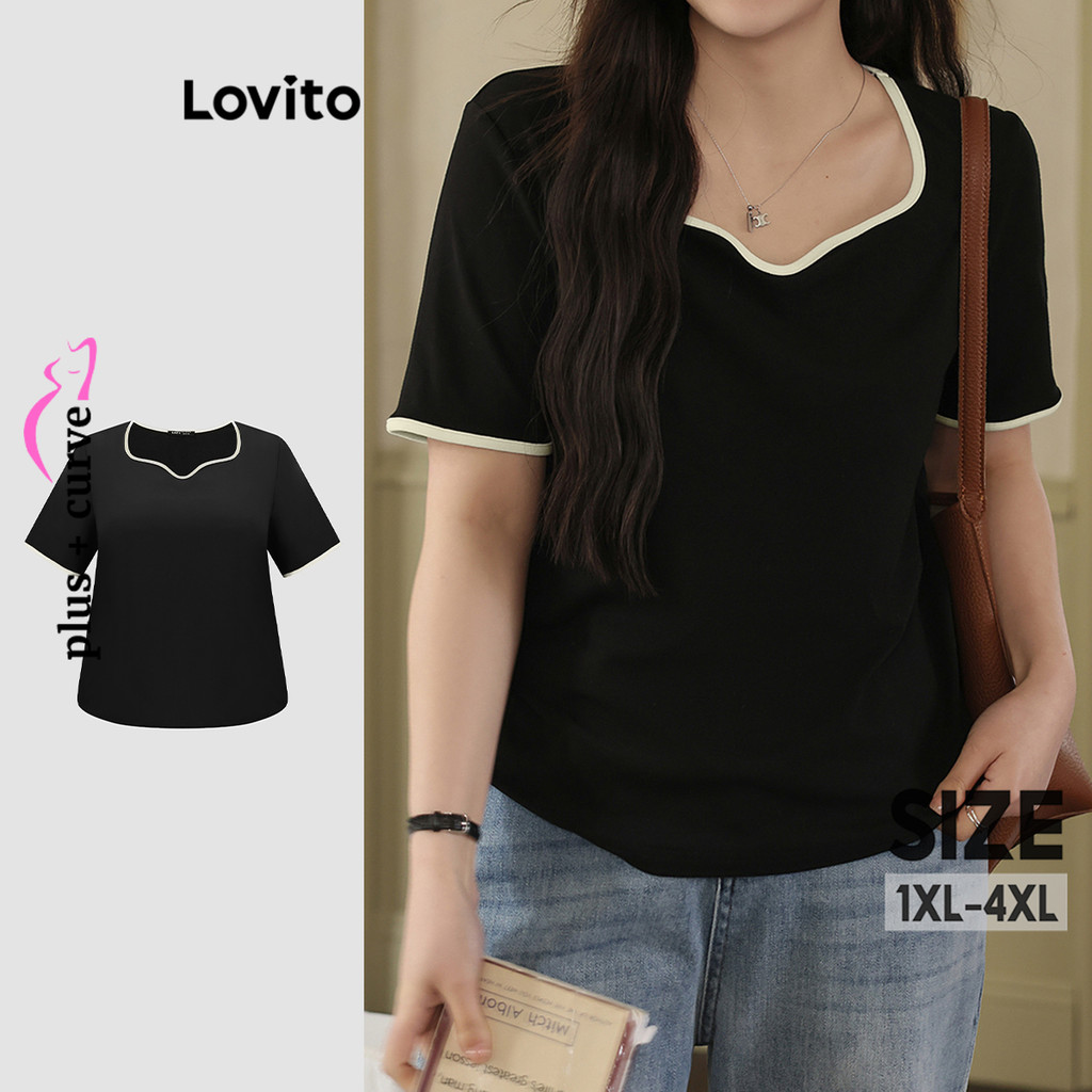 Lovito Camiseta Curva Plus Size Elegante Simples Coração Contraste Encadernação Para Mulheres LBL18965 - Women Clothes