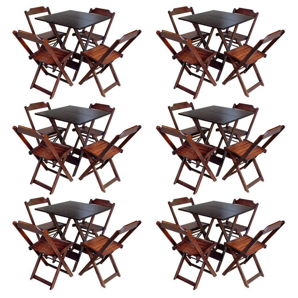 Kit 6 Jogos De Mesa Com 4 Cadeiras De Madeira Dobravel 70X70 - Imbuia - Marrom