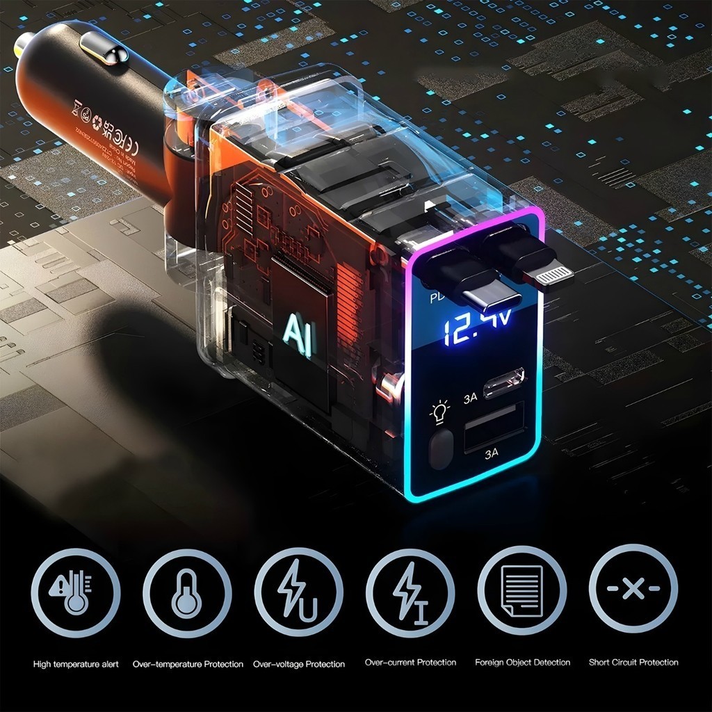 Carregador de carro retrátil carregador rápido de para carro 4 em 1 para iPhone/Android com luz LED Marisa