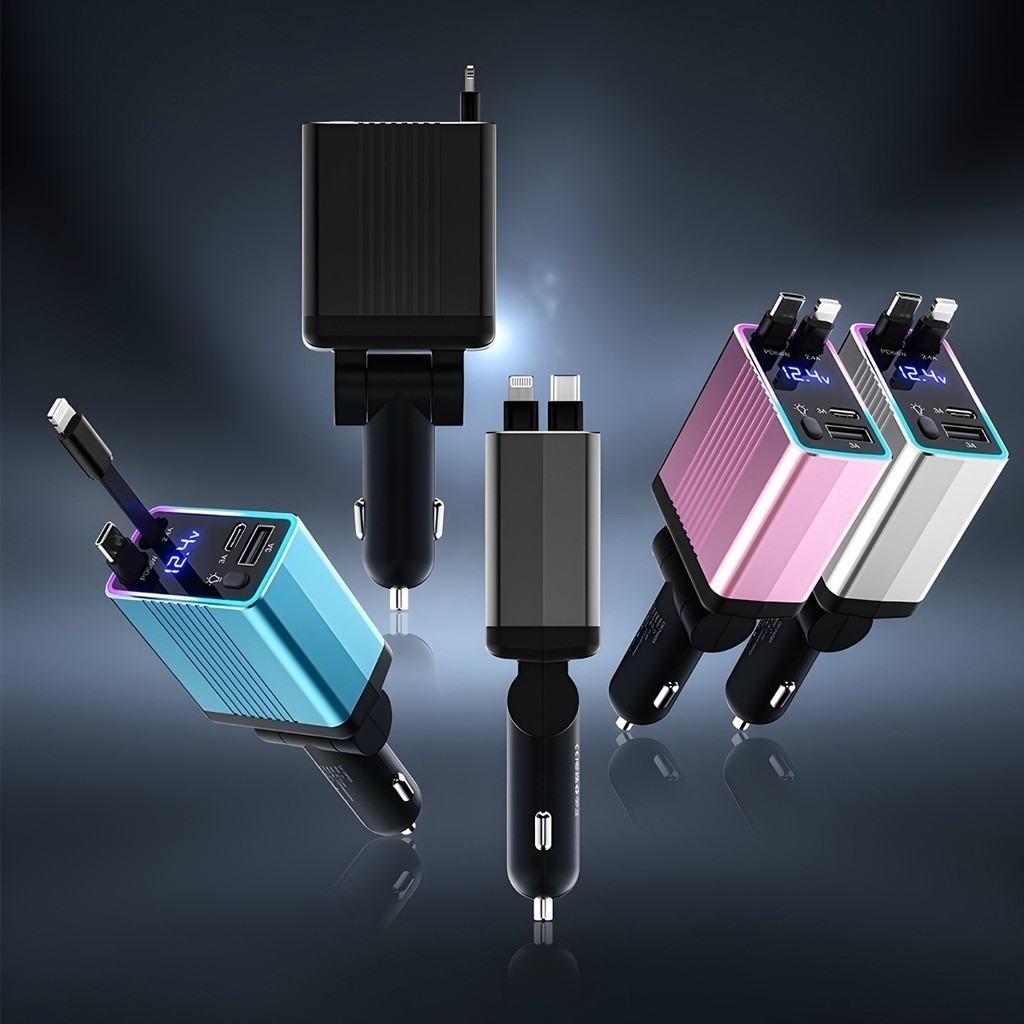 Carregador de carro retrátil carregador rápido de para carro 4 em 1 para iPhone/Android com luz LED