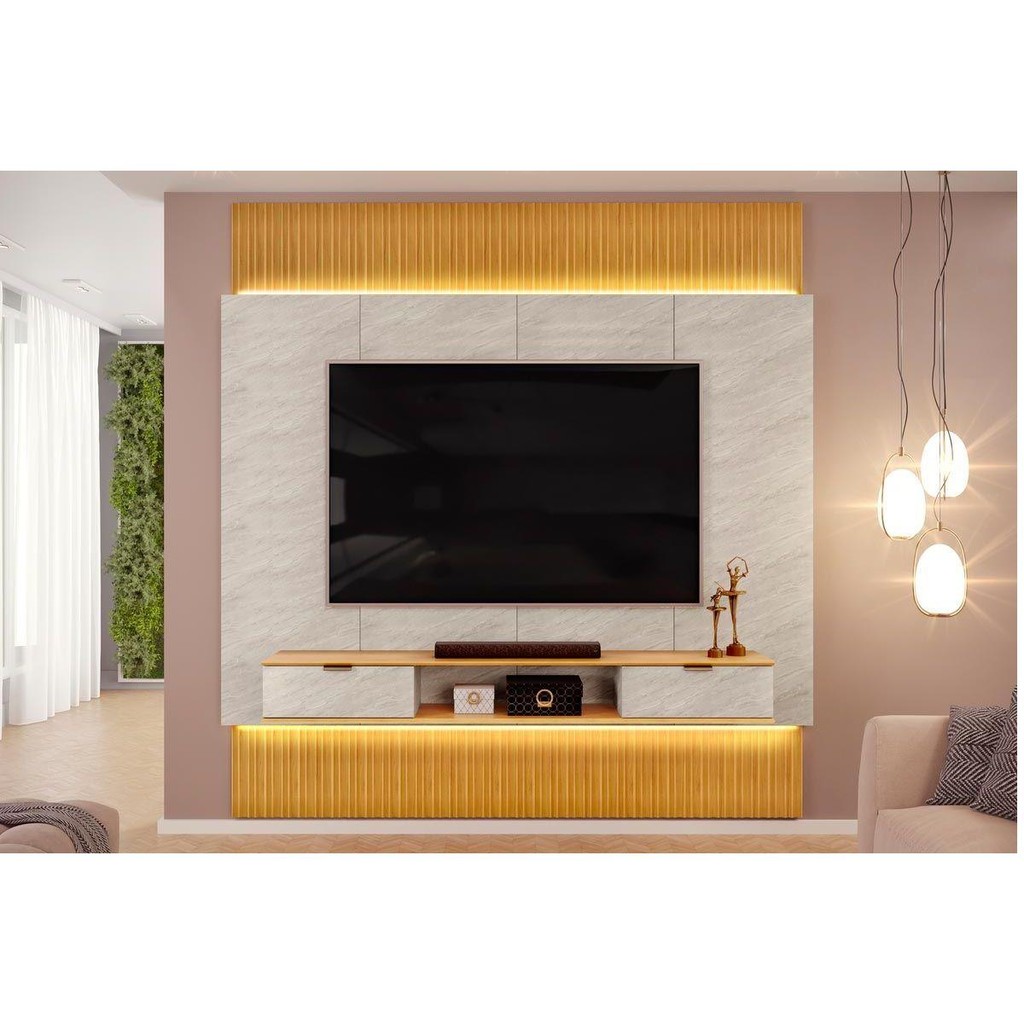 Painel Home p/ TV até 85 Polegadas Hit 2290 100% MDF Extensível c/ Led de 240 a 290cm Cedro/Quartzo - DJ Móveis em Oferta na Shopee