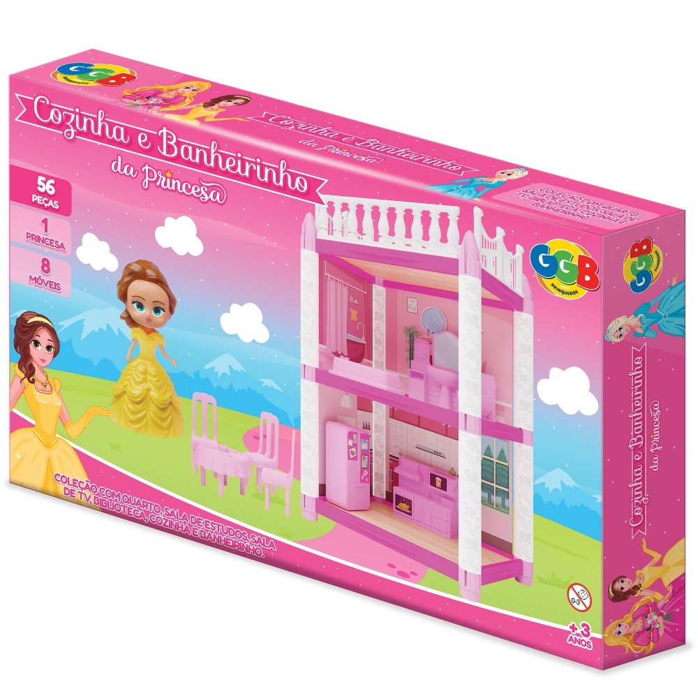 COZINHA E BANHEIRINHO DA PRINCESA GGB BRINQUEDO 56 PEÇAS CÔMODO CASINHA MENINA MÓVEL BONECA BANHEIRO