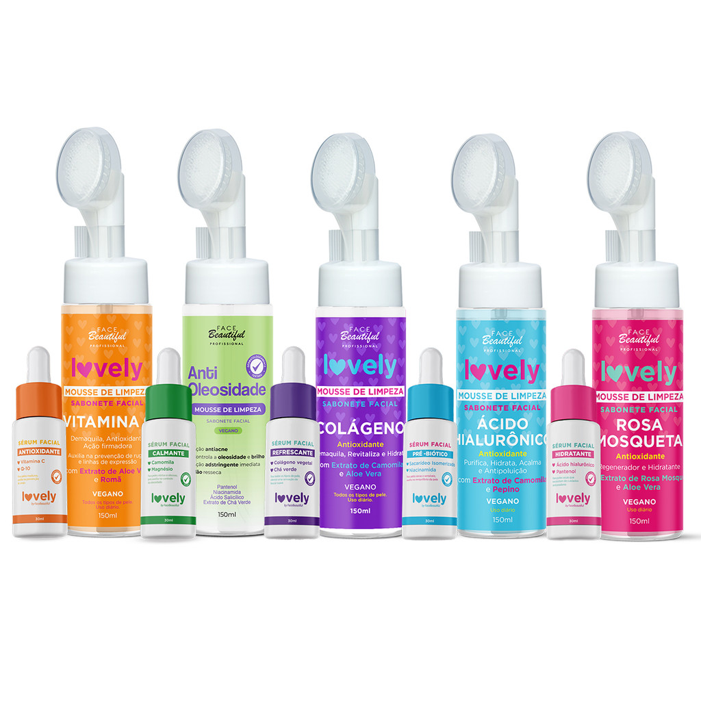 Kit Brilho e Limpeza De Rosto Mousse Facial e  Sérum Face Beautiful  Lovely 150ml