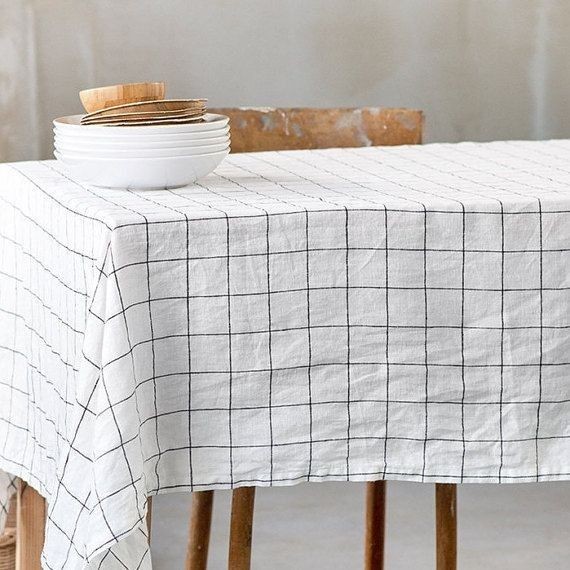 Toalha de Mesa Grid Quadriculada Off White/Preto 100% Algodão