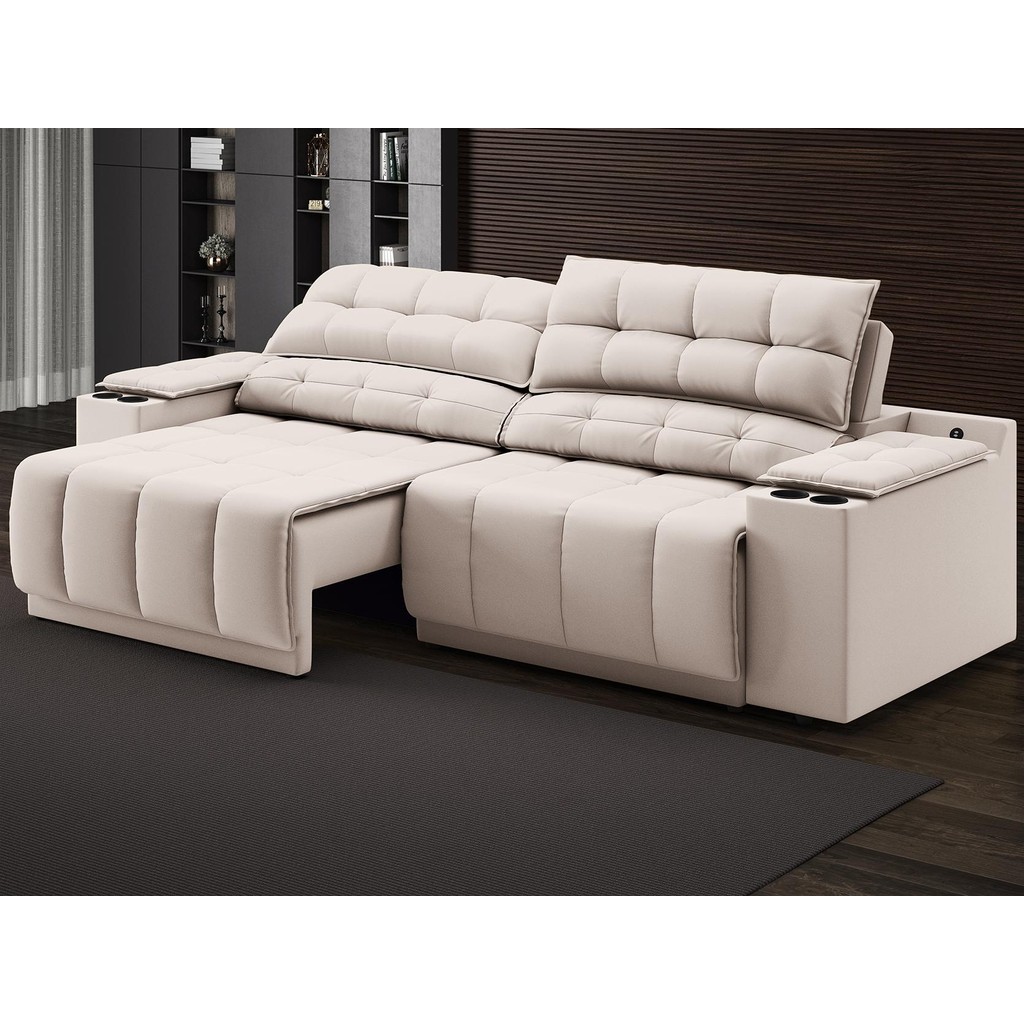 Sofá com Porta Copos Carregador USB Ret Rec Samurai 2,50m Velosuede Areia - NETSOFAS