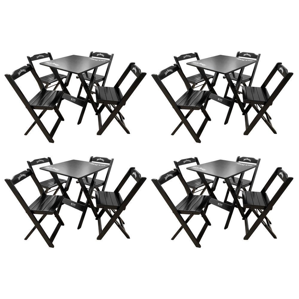 Kit 4 Conjuntos Mesa Dobrável Madeira 70x70 Com 4 Cadeiras Personalizada Jack Preta - Tarimatã