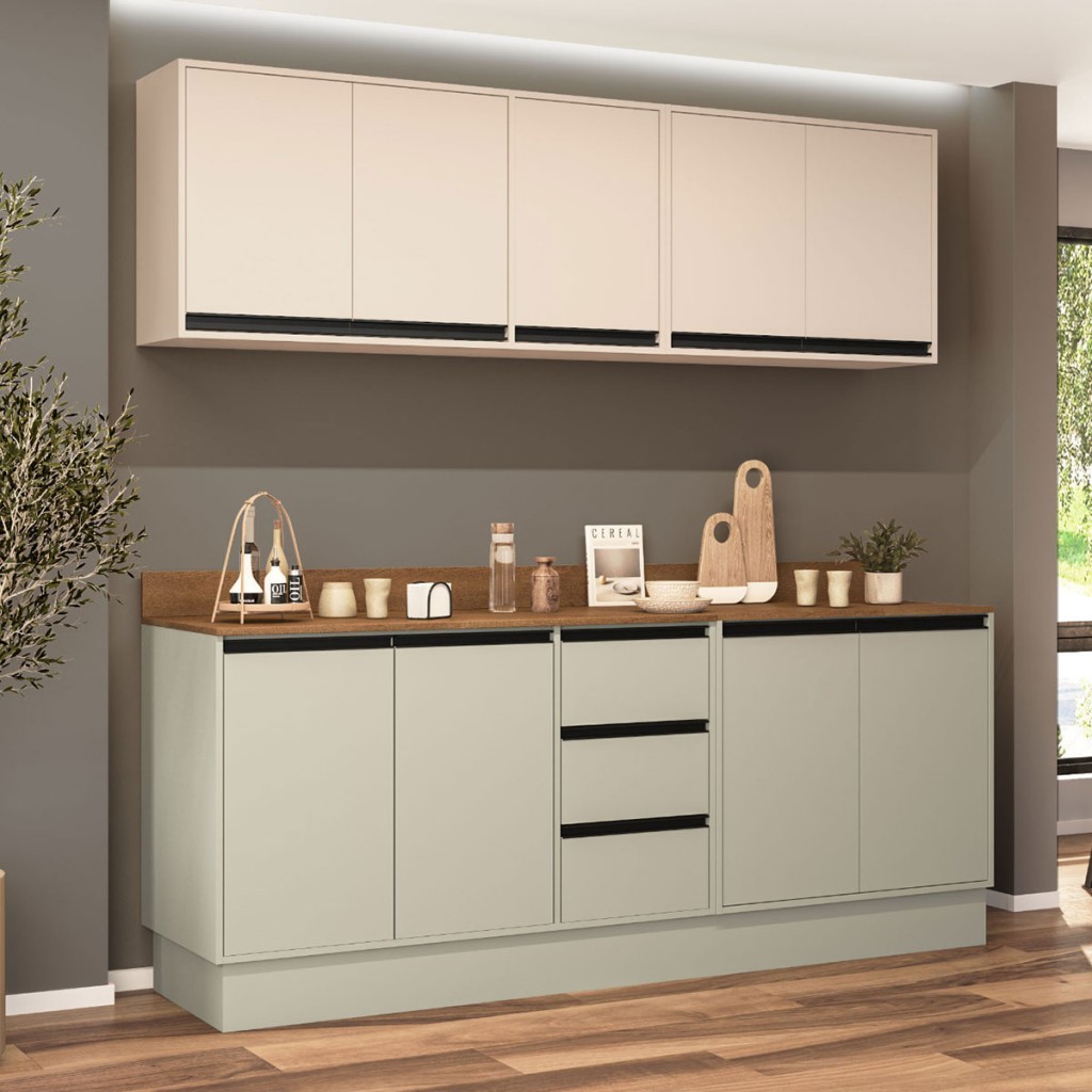 Cozinha Completa áurea 9 Portas 3 Gavetas Verde Oliva/Creme - Politorno