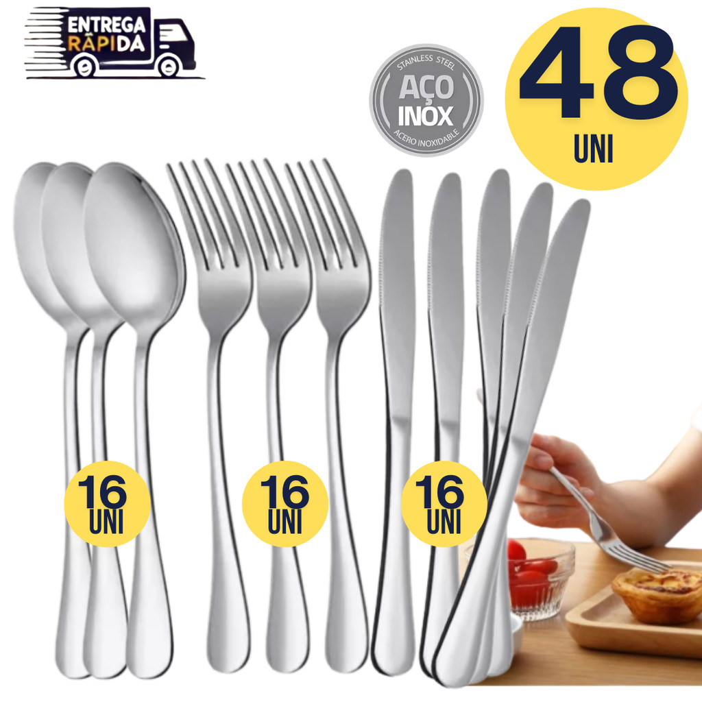 Jogo de Talheres Inox Premium Alta Qualidade – 48 Peças 16 Garfos 16 Facas 16 Colheres Casa Cozinha Restaurante Banquete