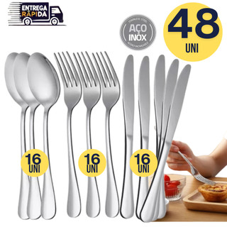 Jogo de Talheres Inox Premium Alta Qualidade – 48 Peças 16 Garfos 16 Facas 16 Colheres Casa Cozinha Restaurante Banquete