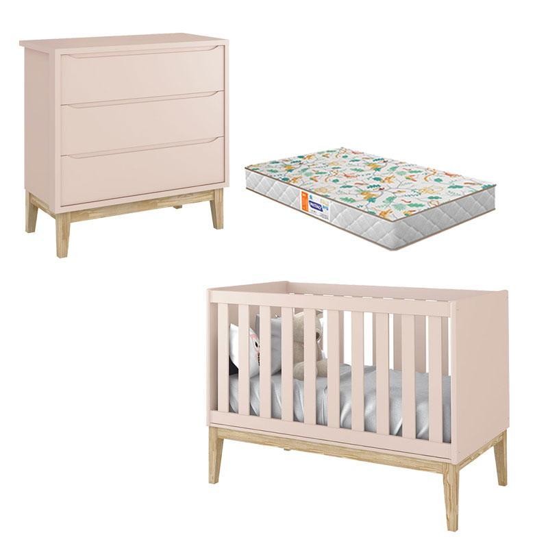 Berço Americano e Cômoda Gaveteiro New Classic Rosa com Pés Madeira Natural e Colchão Gazin – Reller