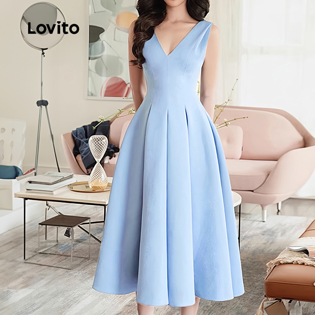(Trendy) Lovito Vestido elegante de linha de estrutura lisa para mulheres L132ED522 - Women Clothes