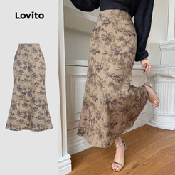 Lovito Cintura Alta Elegante Saias Femininas Vintage Com Estrutura Floral E Vieira Saias De Verão/primavera L131LD1232