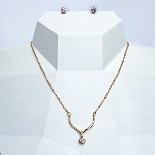Conjunto Dourado Colar e Brinco Arco Tipo V Cravejado com Zircônias e Pedra (Colar 50cm - Brinco 5mm) em Oferta na Shopee