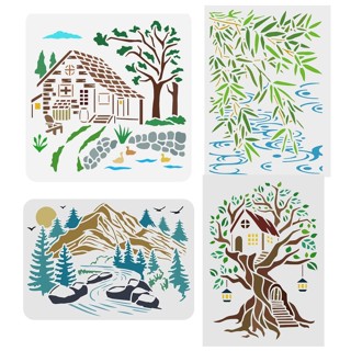 Kit 4 Stencil A4 Paisagem natureza casa na arvore montanhas em Oferta na Shopee