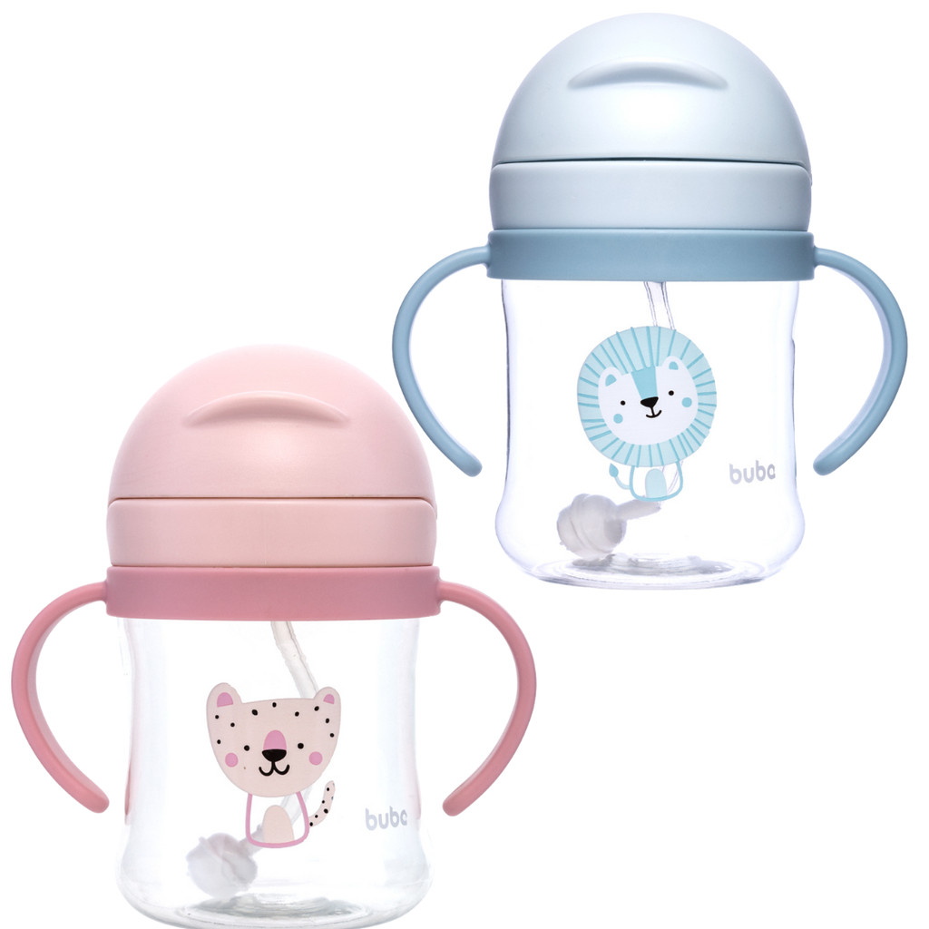 Copo Infantil 250ml Buba Com Canudo Anticólica Alça Removível e Tampa Retrátil Leãozinho e Oncinha em Oferta na Shopee
