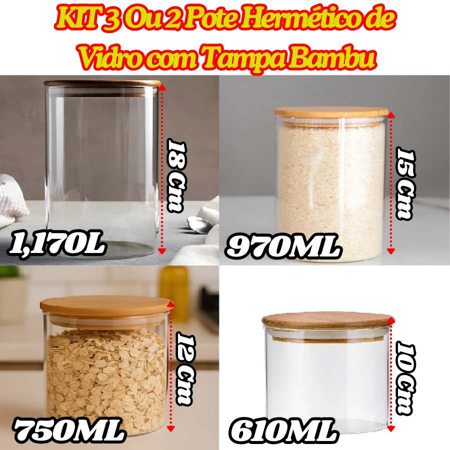 KIT 3 Ou 2 Potes De Vidro Hermético Com Tampa De Bambu Redondo Organizador Multiuso De Cozinha