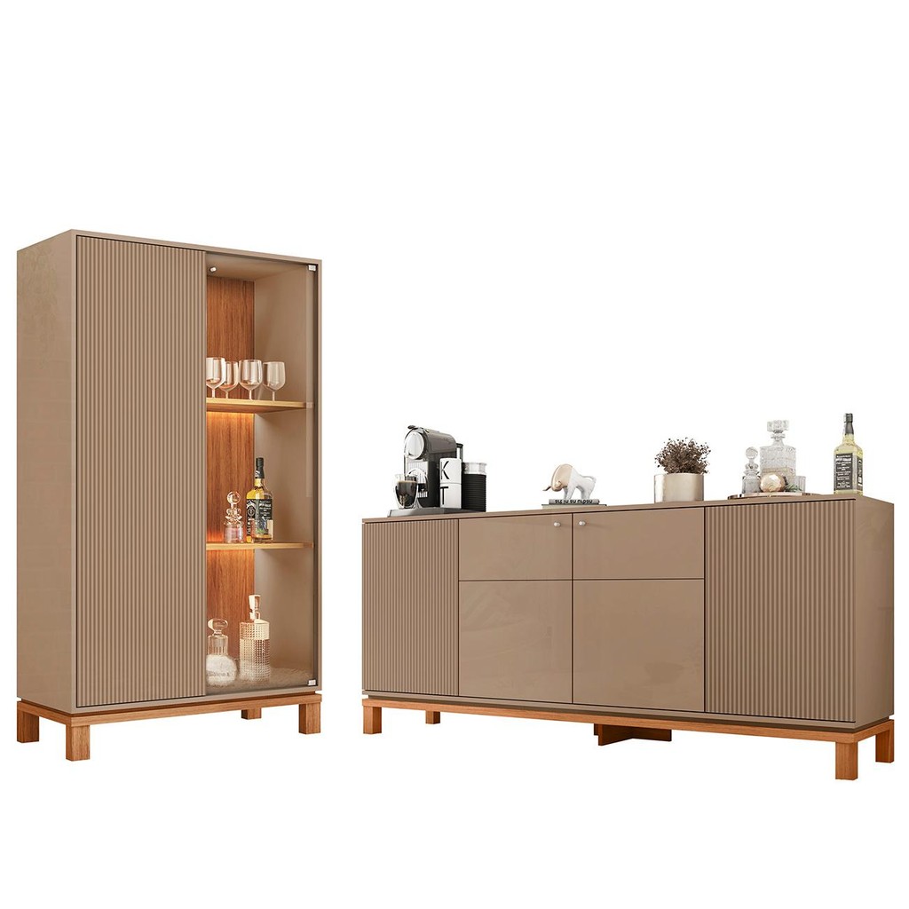 Buffet Aparador e Cristaleira com LED Lucca Areia/Freijó C01 - Mpozenato em Oferta na Shopee