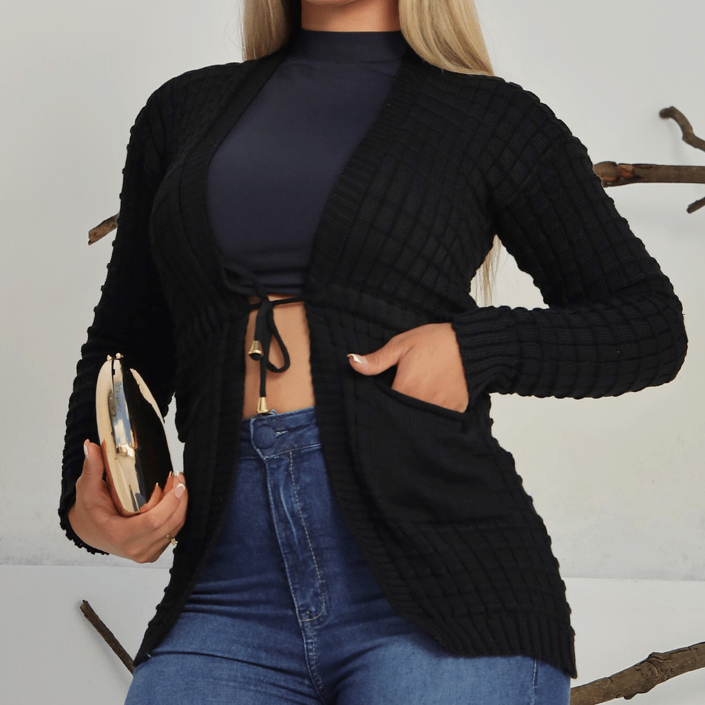Casaco Feminino Cardigan Tricot Inverno Com Cordao e Bolso Quentinho
