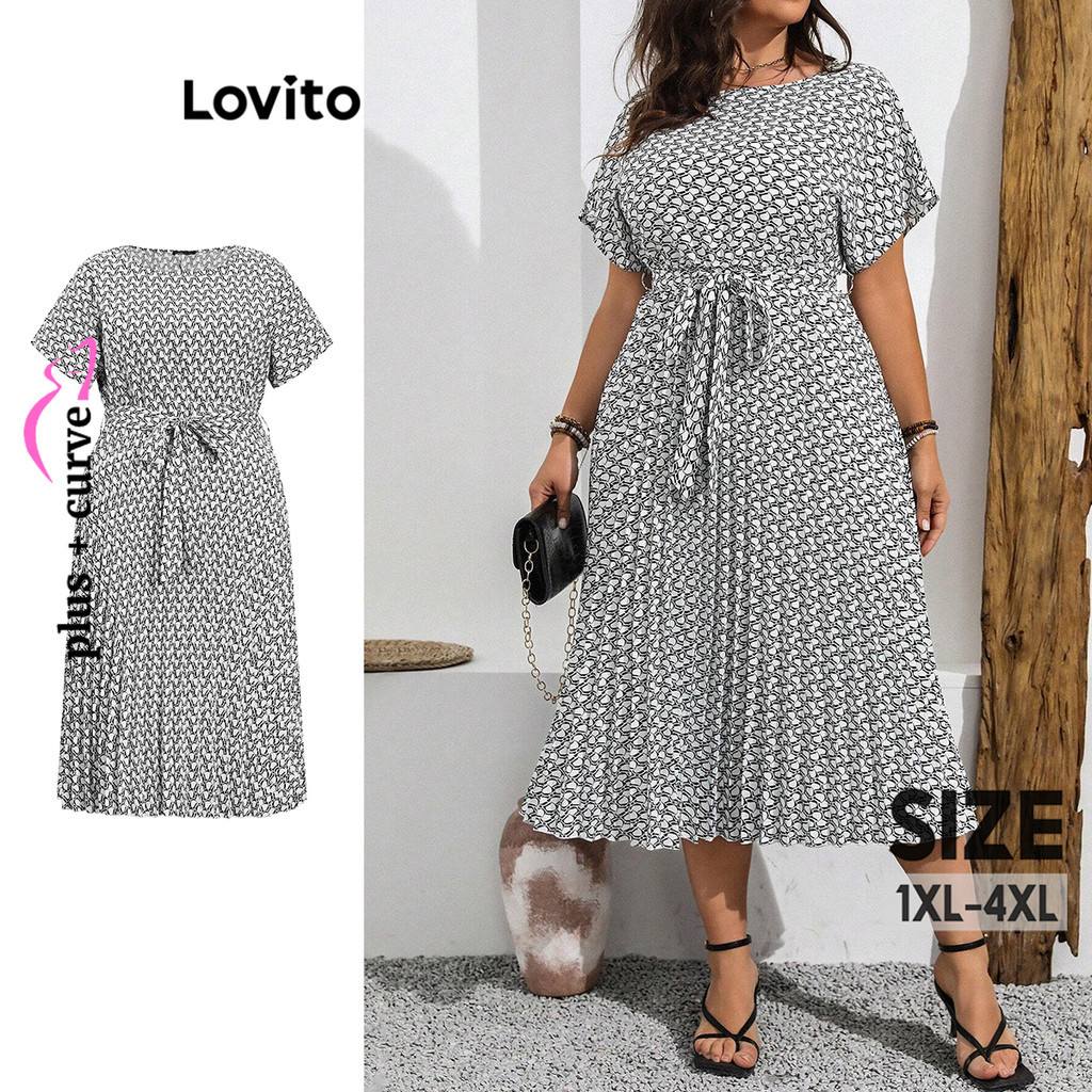 Lovito Vestido Plus Size Elegante Geométrico Plissado Frente Amarrada para Mulheres LBL16676 - Women Clothes