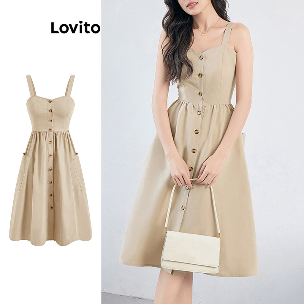 Lovito Vestido Casual Vestido Frontal Com Botão Liso Para Mulheres L105MD185 - Women Clothes