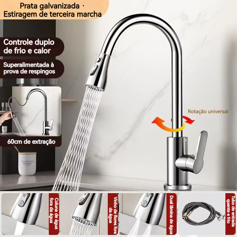 Torneira Gourmet Monocomando Com Com Spray Flexível Extensor Ducha Inox Aço Escovado Pia Cozinha Extensor Misturador