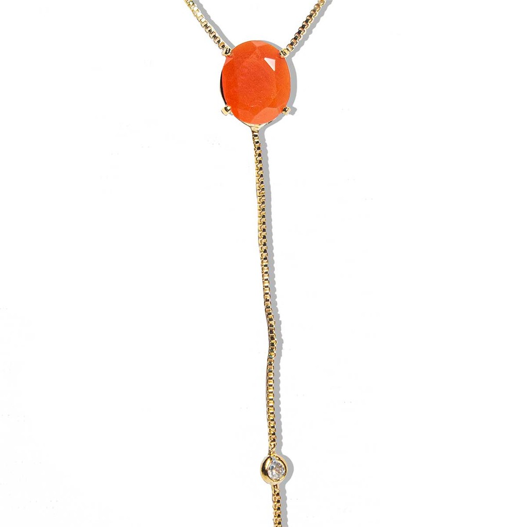 Colar Gravata Pedra Ágata Cornalina Banho Dourado