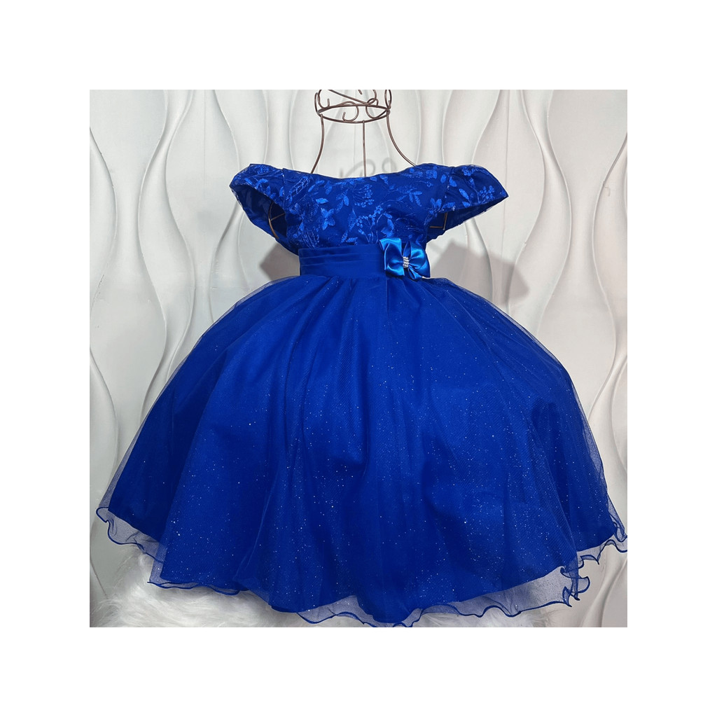Vestido Azul Royal Festa Luo Infantil com Renda Brilho Cetim D7007